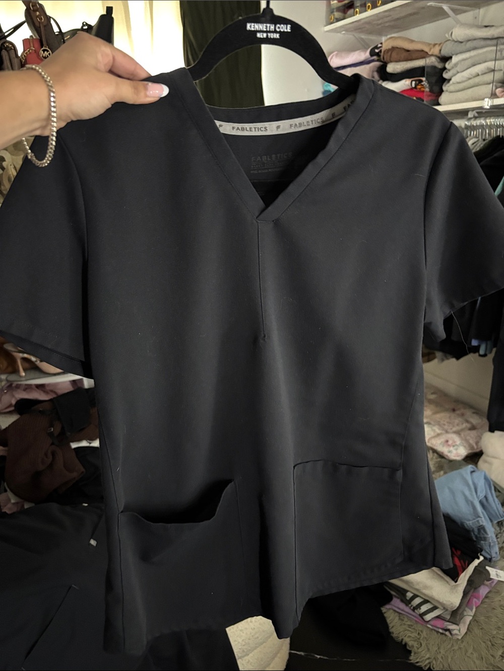 Fabletics Black V-Neck Short Sleeve Top with Front Pockets